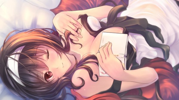 Anime picture 1280x720 with saenai heroine no sodatekata a-1 pictures kasumigaoka utaha pakupaku choppu single long hair blush fringe light erotic red eyes brown hair wide image bare shoulders lying eyes closed one eye closed wink adjusting hair girl ribbon (ribbons)