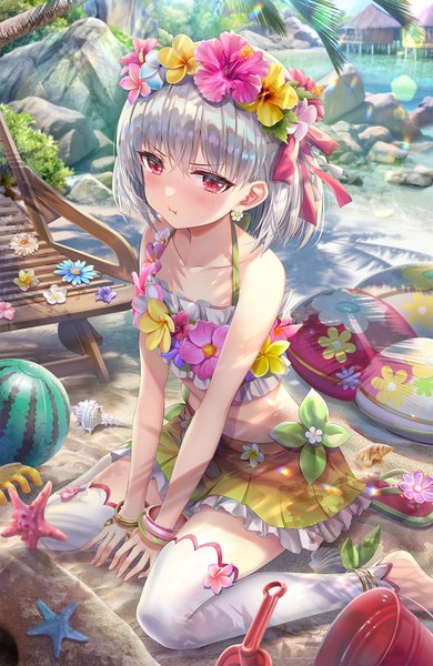 Anime picture 1200x1844 with fate (series) fate/grand order kama (fate) kama (swimsuit avenger) (fate) torino aqua single tall image blush short hair red eyes sitting looking away silver hair outdoors barefoot lens flare wariza sand :t pout