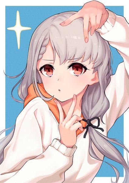 Anime picture 637x900 with idolmaster idolmaster cinderella girls idolmaster cinderella girls starlight stage hisakawa nagi deca purio single long hair tall image looking at viewer red eyes twintails upper body arm up grey hair :o low twintails victory blue background girl sweater