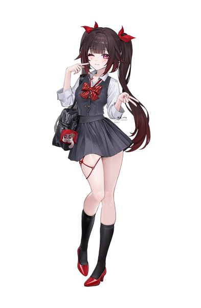 Anime picture 1745x2661 with honkai: star rail honkai (series) sparkle (honkai: star rail) rity single long hair tall image looking at viewer fringe highres brown hair standing twintails signed payot full body blunt bangs nail polish pleated skirt one eye closed