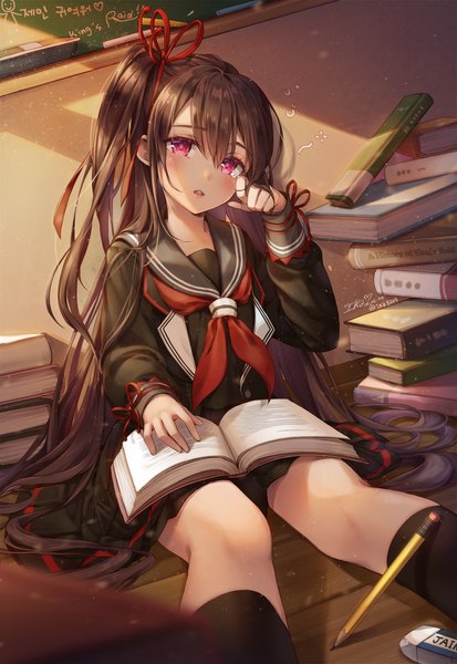 Anime picture 1928x2800 with king's raid jane (king's raid) ika (4801055) single long hair tall image looking at viewer blush fringe highres open mouth hair between eyes brown hair sitting signed indoors long sleeves head tilt pink eyes twitter username