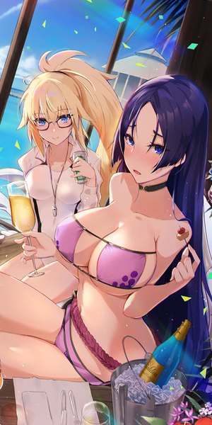 Anime picture 600x1200 with fate (series) fate/grand order jeanne d'arc (fate) (all) minamoto no raikou (fate) jeanne d'arc (swimsuit archer) minamoto no raikou (swimsuit lancer) (fate) kakumayu long hair tall image looking at viewer blush fringe breasts open mouth blue eyes light erotic blonde hair hair between eyes large breasts sitting