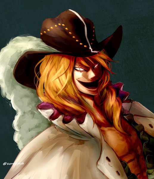 Anime picture 884x1024 with one piece toei animation cavendish hakuba torapunch single long hair tall image looking at viewer fringe open mouth blonde hair simple background smile hair between eyes signed upper body twitter username drill hair crazy smile