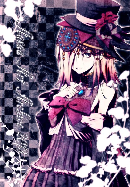 Anime picture 1397x2000 with original mubouou aasaa single long hair tall image fringe blue eyes bare shoulders looking away pink hair hair over one eye inscription hand on chest eyeshadow lacing checkered checkered background girl dress bow