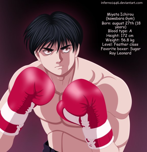 Anime picture 1000x1035 with hajime no ippo ichirou miyata inferno2446 single tall image short hair black hair simple background inscription orange eyes coloring muscle boy boxing gloves