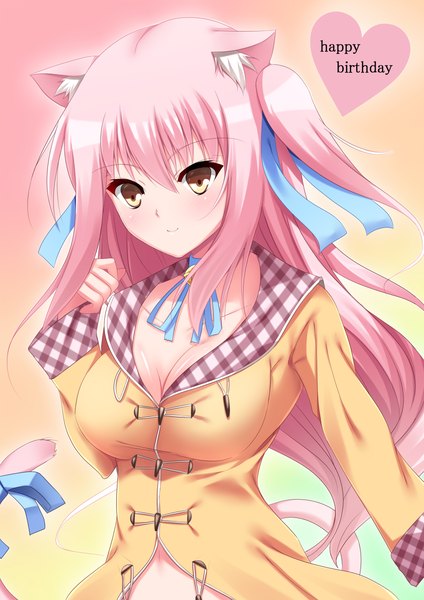 Anime picture 849x1200 with original shia flatpaddy yappen single long hair tall image blush smile animal ears yellow eyes pink hair tail animal tail cat ears cat girl cat tail happy birthday borrowed character girl ribbon (ribbons)