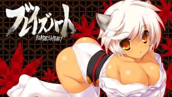 Anime picture 1820x1024 with blade's heart kiki (blade's heart) shimesaba kohada highres short hair breasts light erotic wide image white hair horn (horns) orange eyes girl thighhighs white thighhighs leaf (leaves) obi