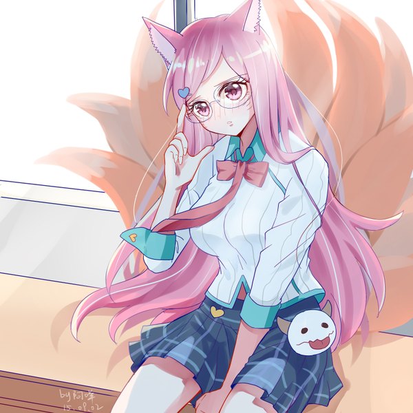 Anime picture 2952x2952 with league of legends ahri (league of legends) poro (league of legends) academy ahri (league of legends) yanxi yuan single long hair looking at viewer blush highres sitting signed animal ears pink hair tail head tilt animal tail pleated skirt pink eyes sunlight