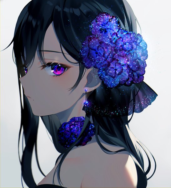Anime picture 1000x1099 with original achiki single long hair tall image looking at viewer fringe black hair simple background hair between eyes purple eyes bare shoulders upper body profile hair flower grey background mole portrait mole under mouth girl