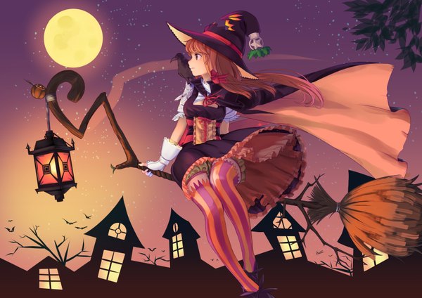 Anime picture 1637x1158 with original emuki (armies soul) single long hair brown hair looking away profile evening halloween witch broom riding girl thighhighs dress hat moon star (stars) cape witch hat striped thighhighs