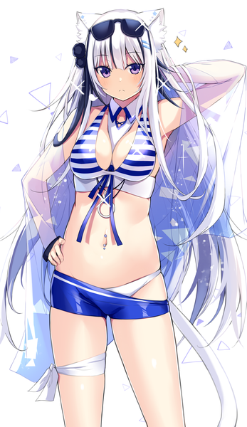 Anime picture 1944x3360 with original kurebayashi noe single long hair tall image looking at viewer blush fringe highres breasts light erotic simple background large breasts standing white background purple eyes animal ears payot cleavage white hair