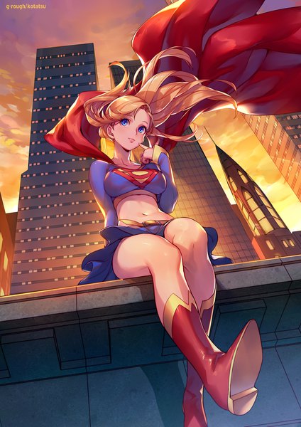 Anime picture 1653x2338 with dc comics supergirl kotatsu (g-rough) single long hair tall image breasts blue eyes light erotic blonde hair sitting signed sky cloud (clouds) bent knee (knees) outdoors wind from below midriff dutch angle