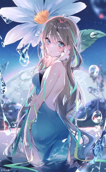 Anime picture 1850x3008 with original miwano rag single long hair tall image looking at viewer blush fringe highres blue eyes brown hair standing outdoors scan night sparkle night sky partially submerged turning head holding arm