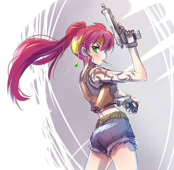 Anime picture 1303x1280 with rwby black lagoon madhouse rooster teeth revy (black lagoon) pyrrha nikos iesupa single long hair looking at viewer holding green eyes ponytail red hair looking back tattoo cosplay serious dual wielding seiyuu connection
