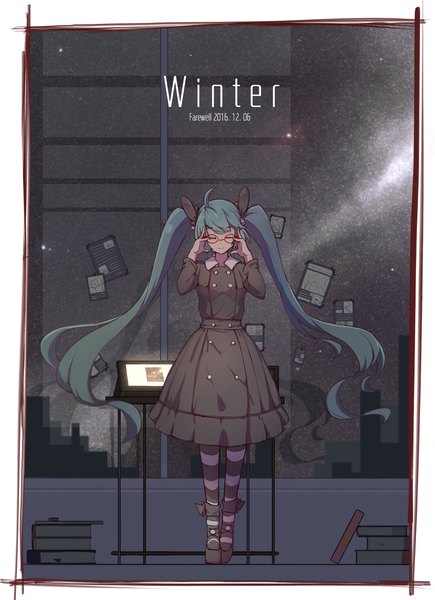 Anime picture 1240x1712 with vocaloid hatsune miku zhayin-san single long hair tall image smile standing twintails sky full body ahoge indoors eyes closed long sleeves aqua hair night night sky text city