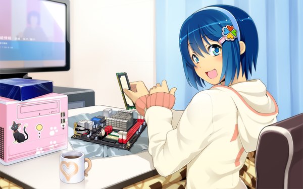 Anime picture 1440x900 with os-tan windows (operating system) microsoft windows 7 madobe nanami blush short hair open mouth blue eyes smile wide image blue hair looking back girl hair ornament hairband hairclip hood sweater teacup