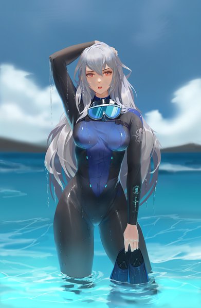 Anime picture 1305x1999 with arknights skadi (arknights) jangsunyo single long hair tall image looking at viewer fringe open mouth hair between eyes red eyes standing holding payot sky silver hair cloud (clouds) outdoors wet partially submerged