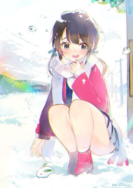 Anime picture 1600x2250 with original atsumi jun single long hair tall image looking at viewer blush open mouth brown hair twintails full body outdoors bare legs grey eyes low twintails winter snow squat exhalation girl