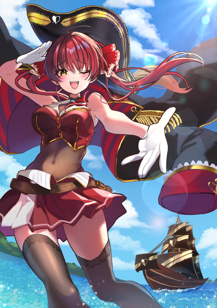 Anime-Bild 1736x2456 mit virtual youtuber hololive houshou marine houshou marine (1st costume) yoshioka pochi single long hair tall image looking at viewer highres open mouth twintails yellow eyes sky cloud (clouds) outdoors red hair pleated skirt one eye closed wink