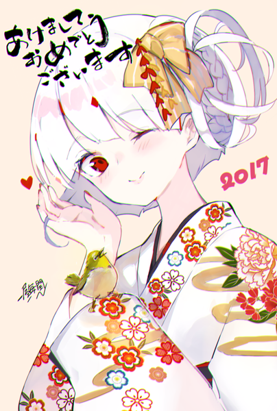 Anime picture 600x890 with original atsumi jun single tall image short hair simple background smile red eyes upper body white hair nail polish traditional clothes head tilt japanese clothes floral print new year red nail polish happy new year nengajou bird on hand