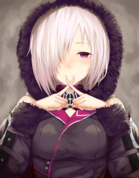 Anime picture 1500x1920 with shingeki no bahamut shadowverse wizardess of oz yamato (muchuu paradigm) single tall image looking at viewer blush fringe short hair smile pink hair upper body parted lips pink eyes hair over one eye fur trim x fingers girl detached sleeves