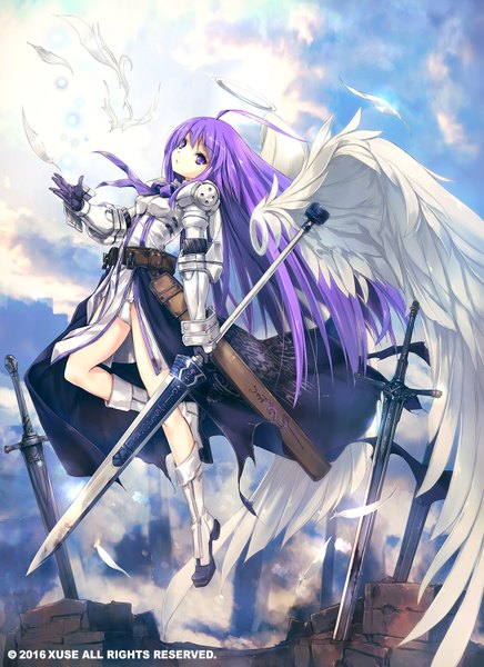 Anime picture 1200x1650 with eien no aselia xuse aselia bluespirit hitomaru single long hair tall image looking at viewer fringe breasts purple eyes holding payot sky purple hair cloud (clouds) full body ahoge bent knee (knees) outdoors