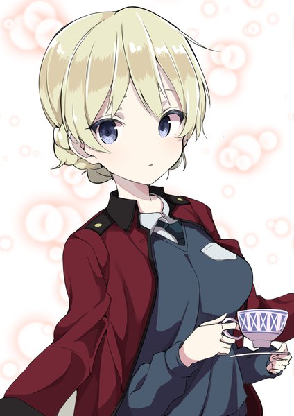 Anime picture 2894x4093 with girls und panzer darjeeling (girls und panzer) yunekoko single tall image looking at viewer highres short hair blue eyes blonde hair upper body clothes on shoulders girl cup teacup