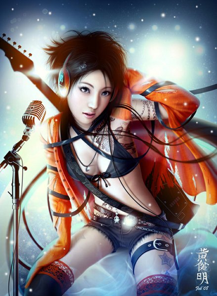 Anime picture 731x1000 with original mario wibisono (raynkazuya) single long hair tall image blue eyes black hair lips realistic sparkle tattoo torn clothes light snowing navel piercing girl thighhighs hair ornament ribbon (ribbons) black thighhighs