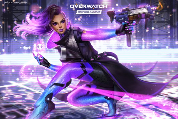 Anime picture 3000x2000 with overwatch blizzard entertainment sombra (overwatch) ayyasap single long hair highres smile purple eyes holding signed looking away purple hair full body bent knee (knees) looking back wind realistic mole copyright name