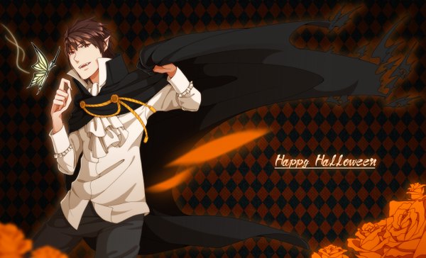 Anime picture 2550x1548 with nico nico singer gurutamin tagme (artist) single looking at viewer highres short hair red eyes brown hair wide image standing light smile pointy ears inscription teeth fang (fangs) alternate costume halloween bat wings vampire