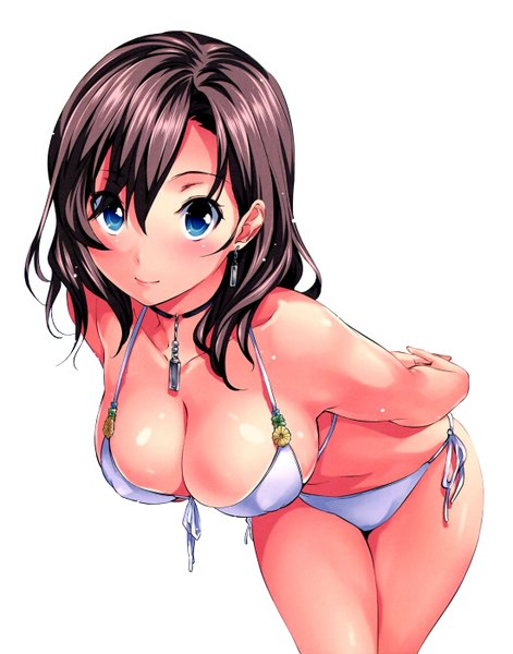 Anime picture 1100x1400 with menkui! ichijou manami tosh single long hair tall image looking at viewer blush breasts blue eyes light erotic simple background brown hair standing white background light smile hands behind back girl swimsuit earrings