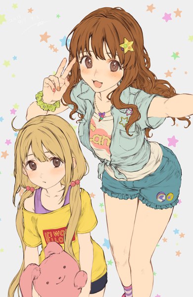 Anime picture 1584x2434 with idolmaster idolmaster cinderella girls futaba anzu moroboshi kirari kouzuki kei long hair tall image blush blonde hair brown hair twintails multiple girls brown eyes payot ahoge grey background low twintails victory front-tie top wrist scrunchie