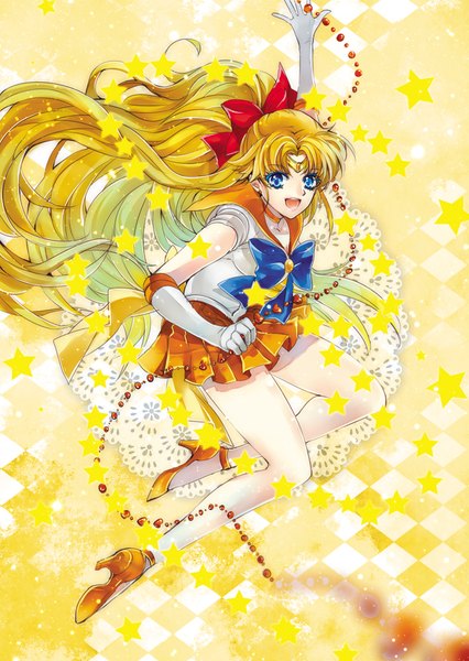 Anime picture 700x986 with bishoujo senshi sailor moon toei animation aino minako sailor venus tsuna2727 single long hair tall image looking at viewer open mouth blue eyes blonde hair full body :d bare legs high heels sailor collar magical girl girl gloves