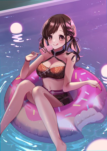 Anime picture 2894x4093 with idolmaster idolmaster shiny colors sonoda chiyoko maguro lo single long hair tall image looking at viewer blush highres breasts light erotic smile brown hair large breasts twintails brown eyes bent knee (knees) nail polish barefoot