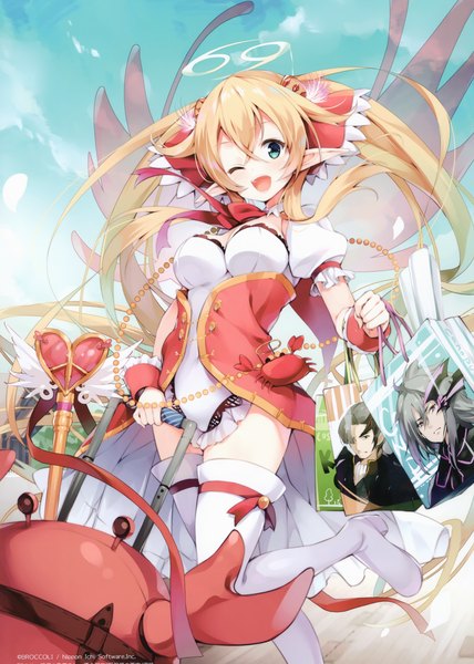 Anime picture 2426x3400 with z/x zillions of enemy x senji (tegone spike) single tall image looking at viewer blush fringe highres breasts open mouth blue eyes blonde hair smile hair between eyes standing twintails holding sky cloud (clouds) bent knee (knees)