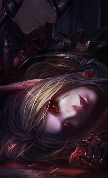 Anime picture 968x1600 with world of warcraft blizzard entertainment tagme (character) sylvanas windrunner chenbo long hair tall image looking at viewer blush blonde hair red eyes signed lips pointy ears realistic facial mark on side close-up elf face paint