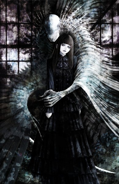 Anime picture 1024x1580 with original death (entity) grim reaper matagiro single long hair tall image looking at viewer fringe black hair parted lips lips black eyes realistic teeth hug outstretched arm black background monochrome demon girl