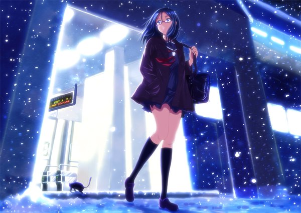 Anime picture 1500x1063 with original harukaze bou single short hair blue eyes standing blue hair looking away open clothes open jacket from below snowing winter snow hand in pocket girl uniform animal socks glasses