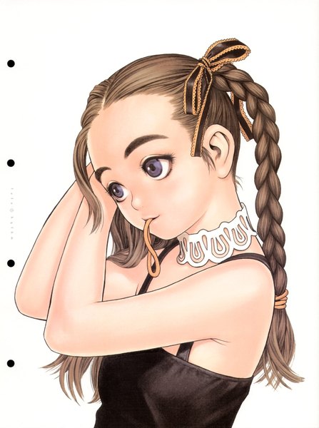 Anime picture 1280x1720 with futurhythm (artbook) range murata single long hair tall image blue eyes simple background brown hair white background bare shoulders holding looking away upper body braid (braids) head tilt light smile scan arms up sleeveless twin braids