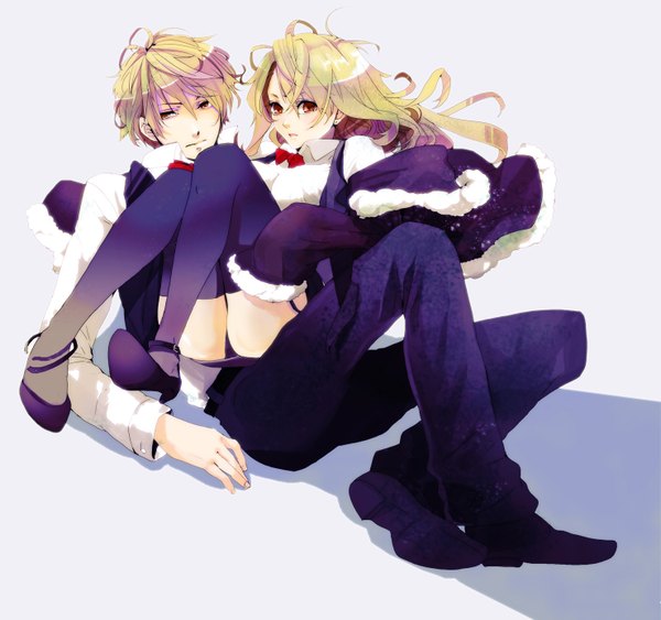 Anime picture 1477x1388 with durarara!! brains base (studio) heiwajima shizuo ihiro long hair short hair light erotic blonde hair simple background white background brown eyes yellow eyes pantyshot dual persona genderswap thighhighs boy skirt underwear panties