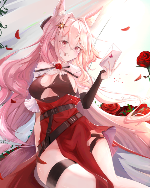 Anime picture 2000x2500 with arknights pozyomka (arknights) noirl single long hair tall image fringe highres breasts light erotic hair between eyes large breasts holding animal ears looking away pink hair tail animal tail pink eyes side slit