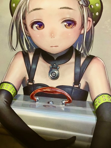 Anime picture 3024x4032 with original range murata single tall image looking at viewer highres short hair brown eyes absurdres upper body grey hair scan expressionless brown background crease photo (medium) girl gloves hair ornament hat