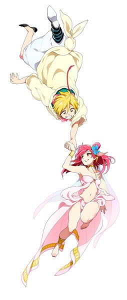 Anime picture 500x1178 with magi the labyrinth of magic a-1 pictures morgiana ali baba saluja dalc rose tall image short hair simple background blonde hair smile white background yellow eyes pink hair pink eyes barefoot hair bun (hair buns) holding hands upside down girl boy