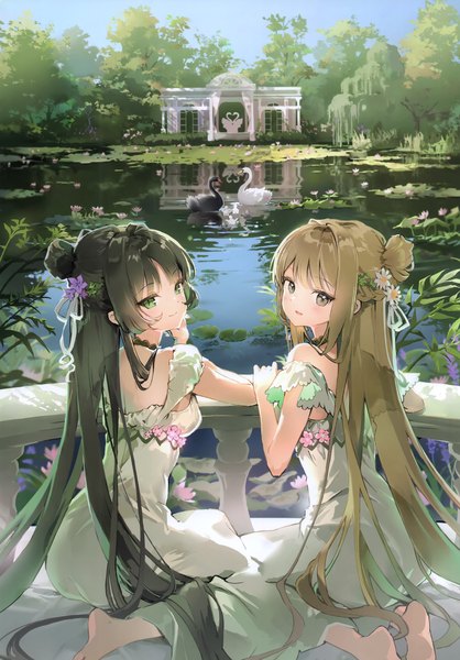 Anime picture 2419x3470 with original anmi tall image looking at viewer blush highres open mouth smile brown hair sitting multiple girls brown eyes green eyes sky very long hair :d looking back barefoot hair flower from behind