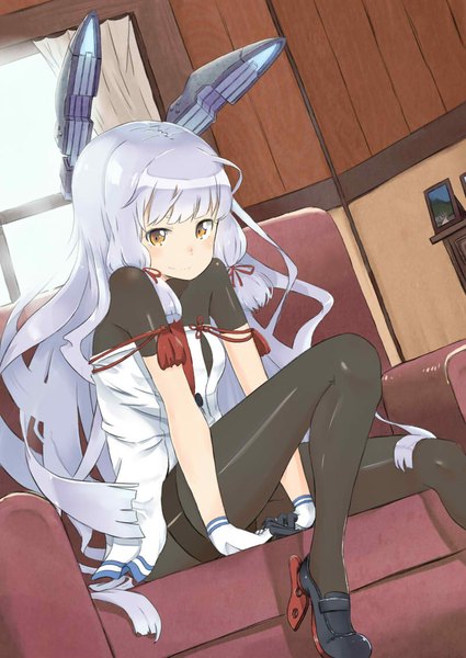 Anime picture 800x1129 with kantai collection murakumo destroyer o furi single long hair tall image looking at viewer blush fringe breasts smile sitting indoors tress ribbon gloves ribbon (ribbons) hair ribbon pantyhose shoes window
