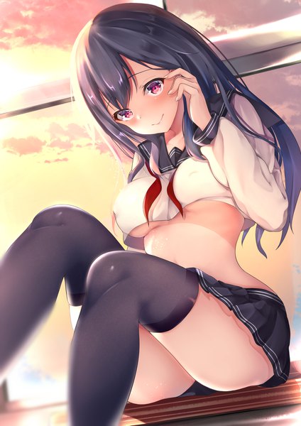 Anime picture 1488x2105 with original sora (pixiv 32463296) single long hair tall image looking at viewer blush fringe breasts light erotic black hair smile sitting sky cloud (clouds) nipples bent knee (knees) head tilt pleated skirt pink eyes