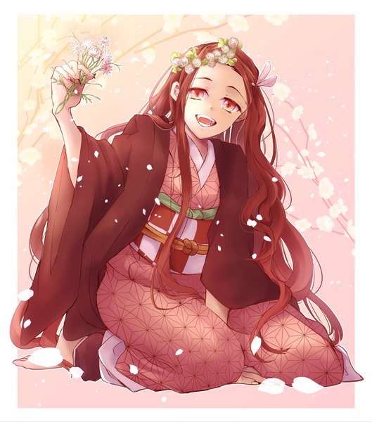 Anime picture 1805x2048 with kimetsu no yaiba ufotable kamado nezuko tmtm24787088 single long hair tall image looking at viewer highres open mouth simple background smile brown hair sitting holding traditional clothes :d japanese clothes pink eyes arm up