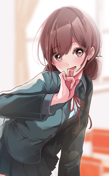 Anime picture 2675x4299 with ao no hako chono hina mika uni single tall image looking at viewer fringe highres short hair open mouth hair between eyes brown hair brown eyes indoors :d blurry leaning leaning forward hand to mouth girl
