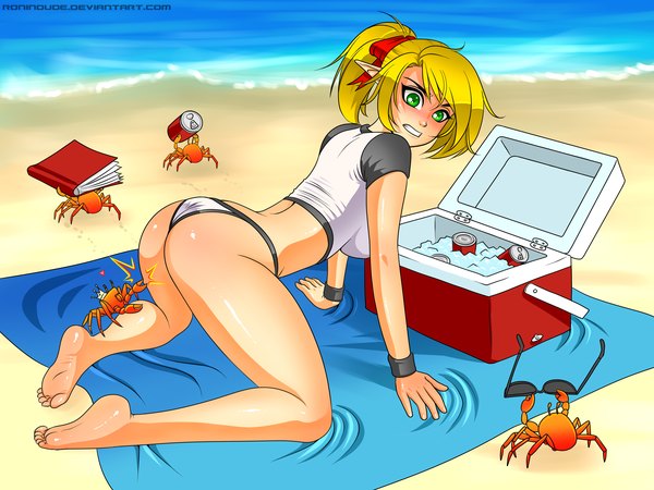 Anime picture 4000x3000 with original lin (ronin dude) ronin dude (ray cornwell) single blush highres short hair light erotic blonde hair green eyes absurdres ass pointy ears sunglasses removed girl underwear panties book (books) sunglasses t-shirt