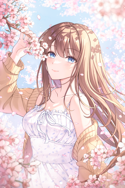 Anime-Bild 2000x3000 mit original iyar single long hair tall image looking at viewer fringe highres blue eyes smile brown hair standing upper body outdoors blunt bangs arm up off shoulder open clothes cherry blossoms girl